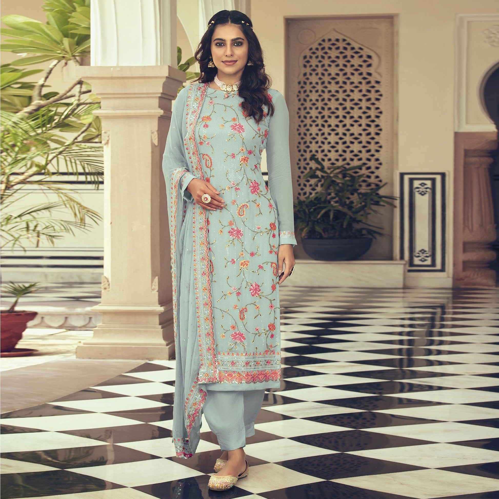 Light Blue Embroidered With Embellished Georgette Salwar Suit