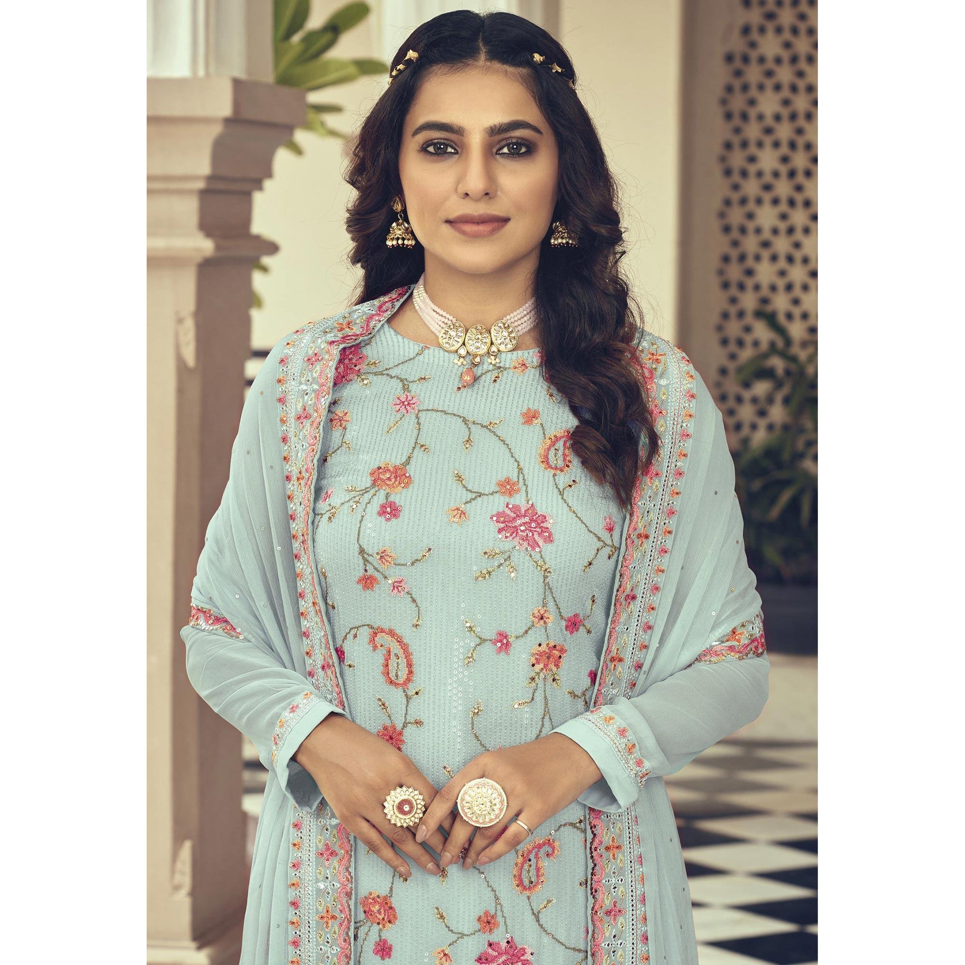 Light Blue Embroidered With Embellished Georgette Salwar Suit