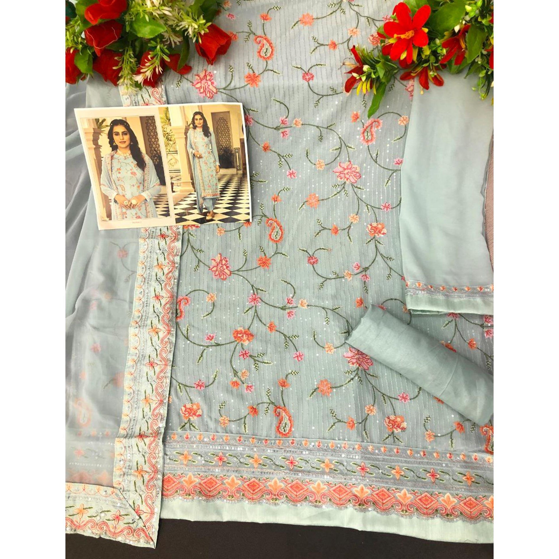Light Blue Embroidered With Embellished Georgette Salwar Suit