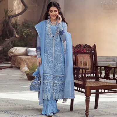 Light Blue Embroidered With Embellished Net Pakistani Suit