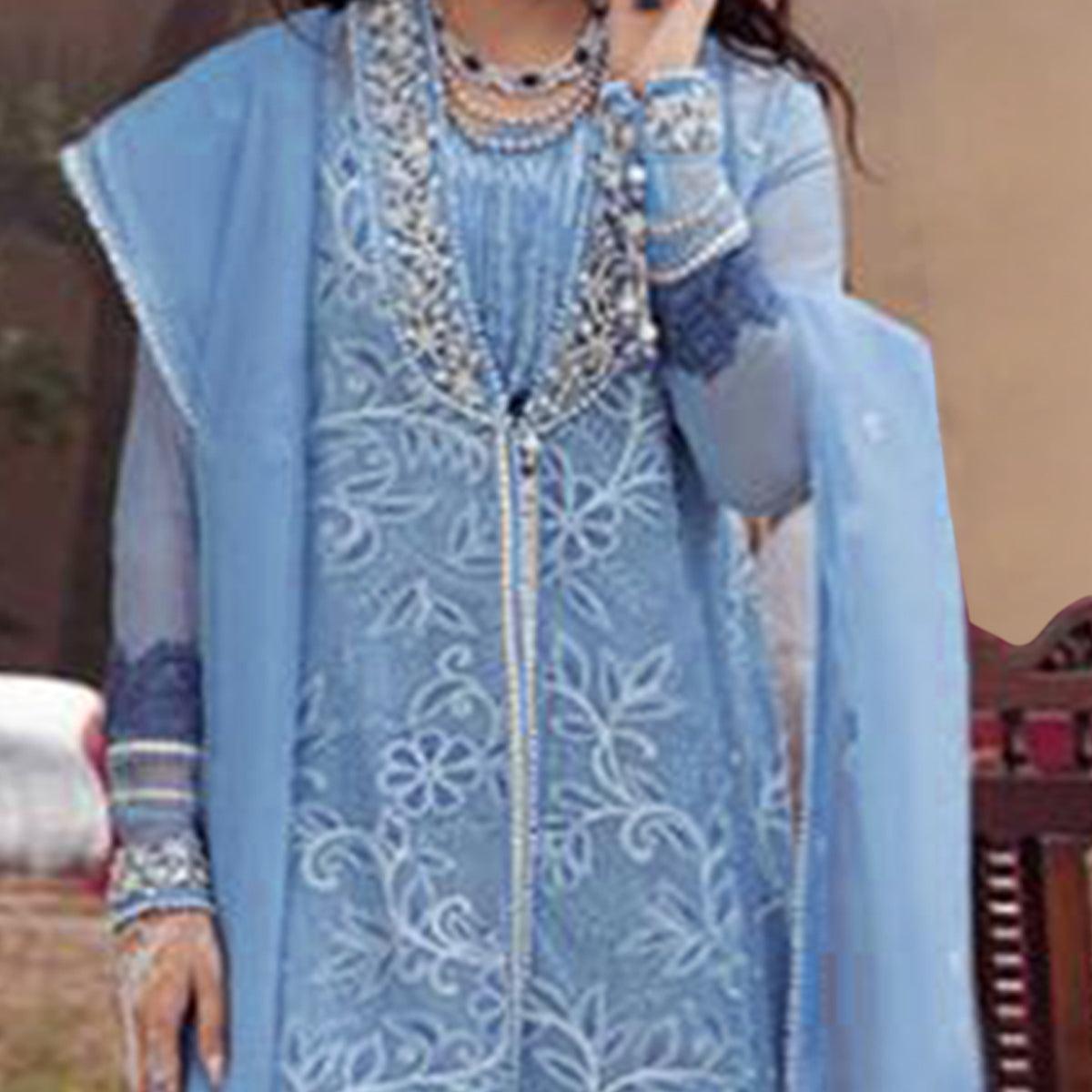 Light Blue Embroidered With Embellished Net Pakistani Suit
