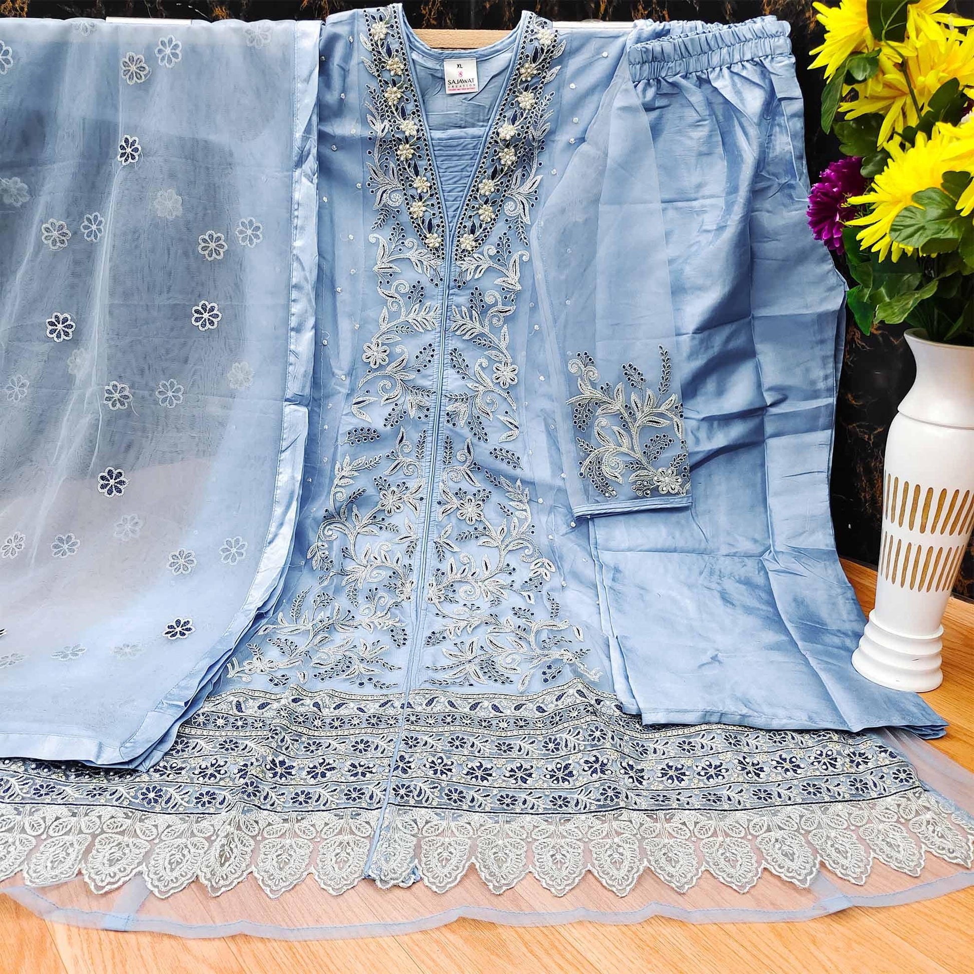 Light Blue Embroidered With Embellished Net Pakistani Suit