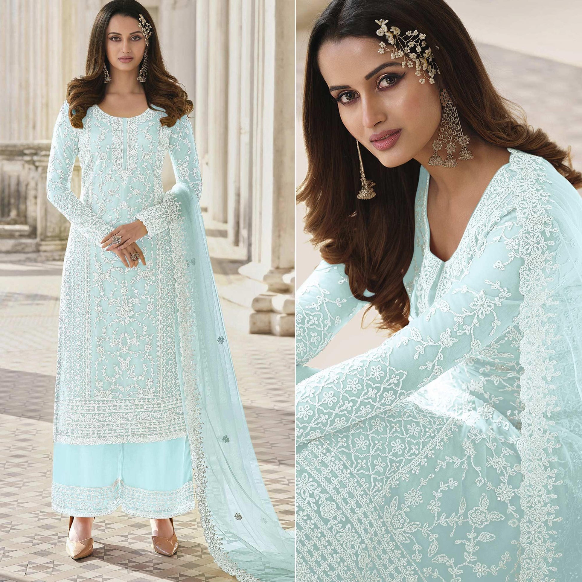 Light Blue Embroidered With Embellished Net Palazzo Suit