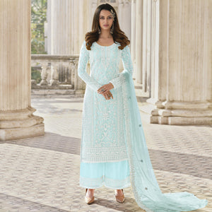 Light Blue Embroidered With Embellished Net Palazzo Suit