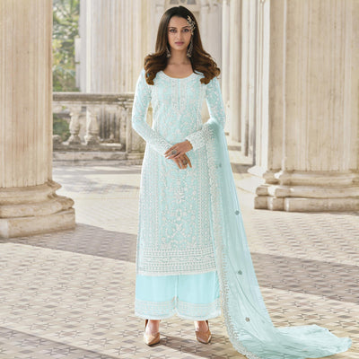 Light Blue Embroidered With Embellished Net Palazzo Suit