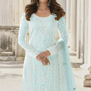 Light Blue Embroidered With Embellished Net Palazzo Suit