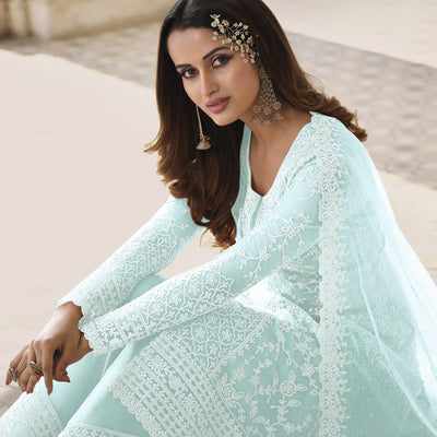 Light Blue Embroidered With Embellished Net Palazzo Suit
