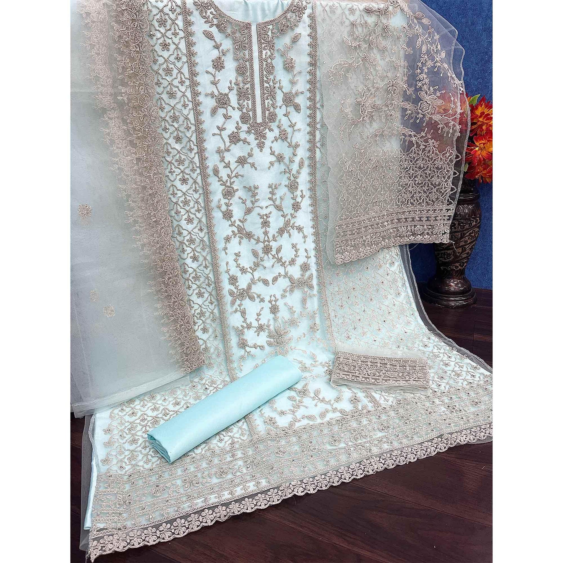 Light Blue Embroidered With Embellished Net Palazzo Suit