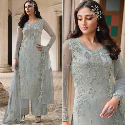 Light Blue Embroidery With Embellished Net Partywear Suit