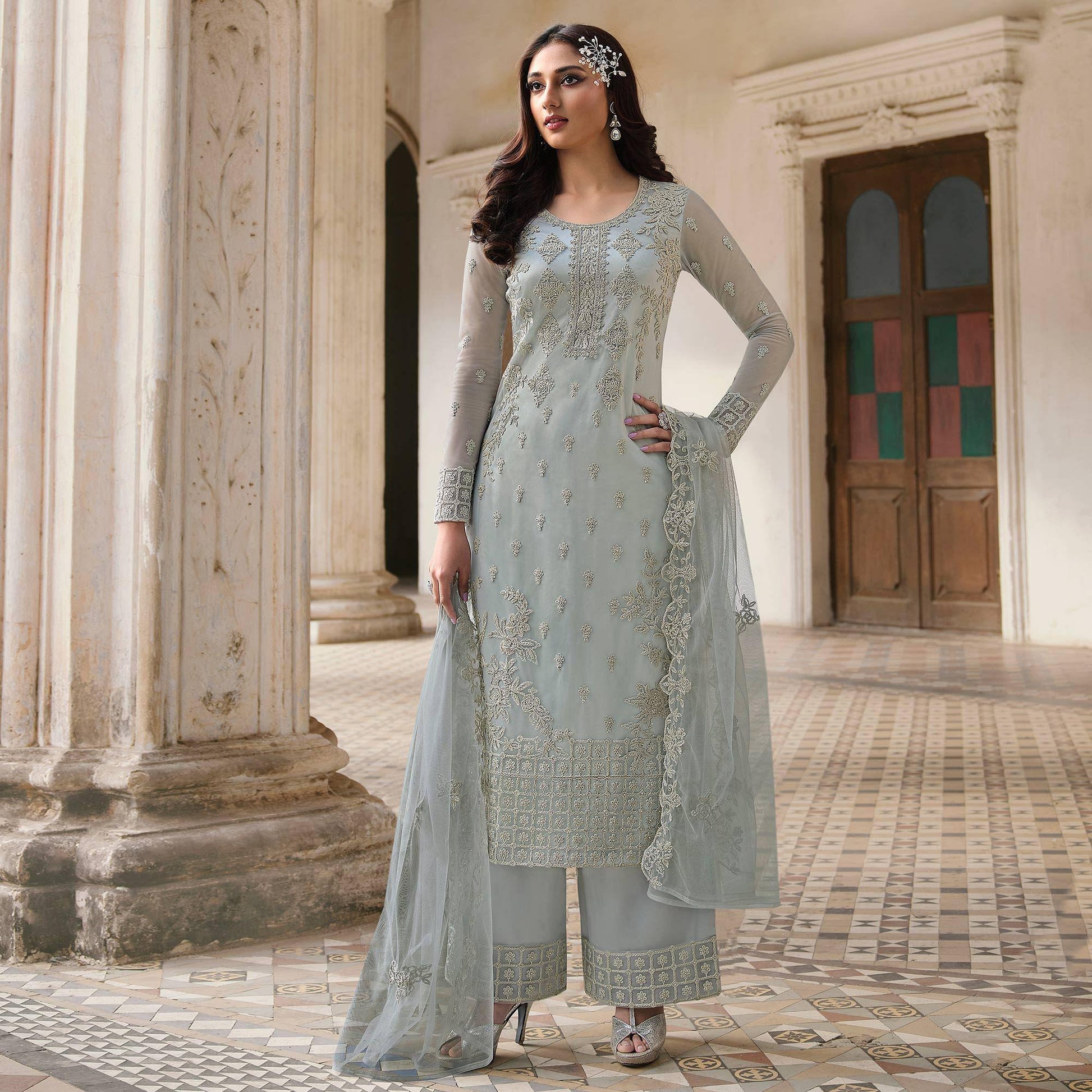 Light Blue Embroidery With Embellished Net Partywear Suit