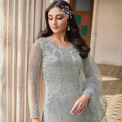 Light Blue Embroidery With Embellished Net Partywear Suit