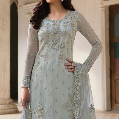 Light Blue Embroidery With Embellished Net Partywear Suit