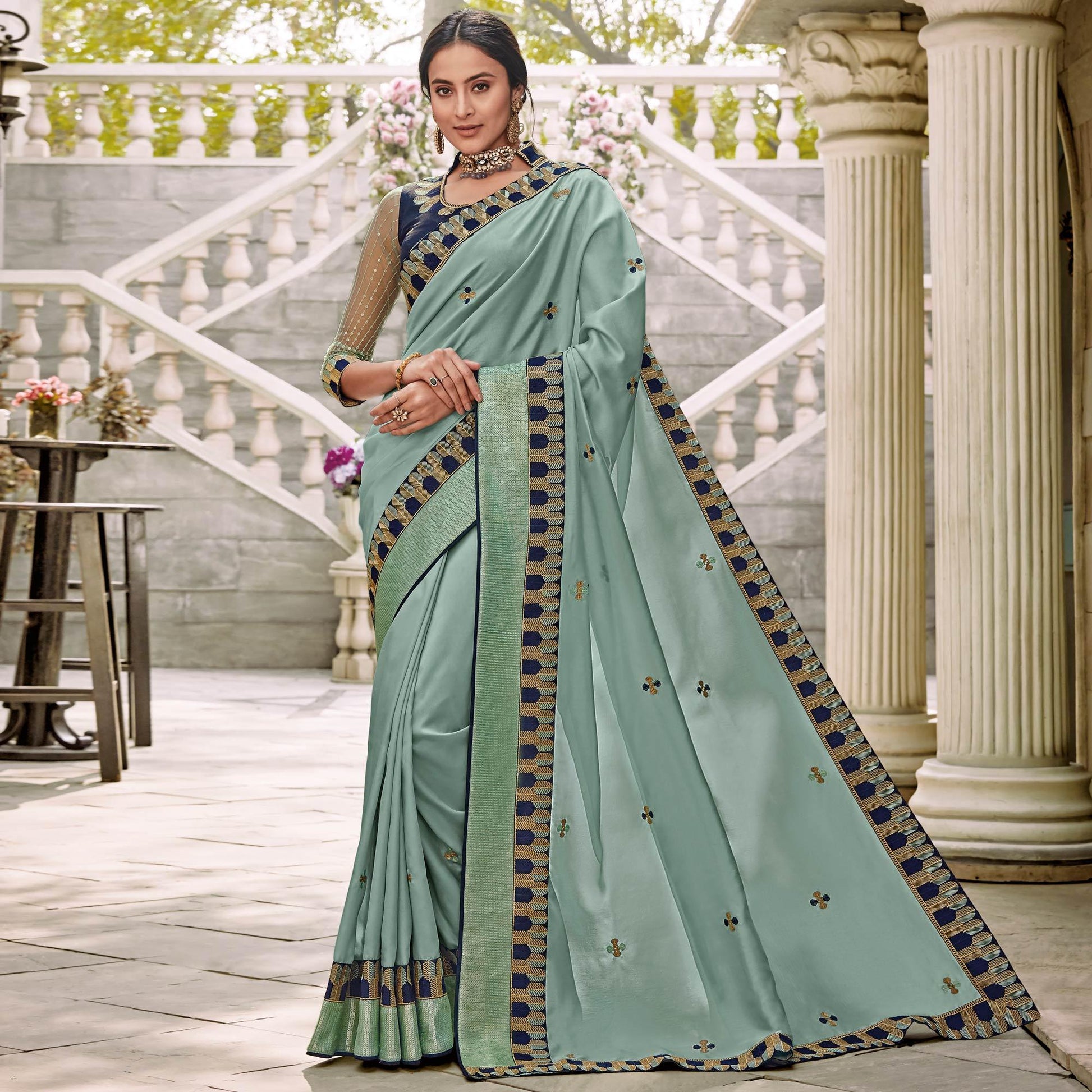 Light Blue Festive Wear Embroidered Art Silk Saree