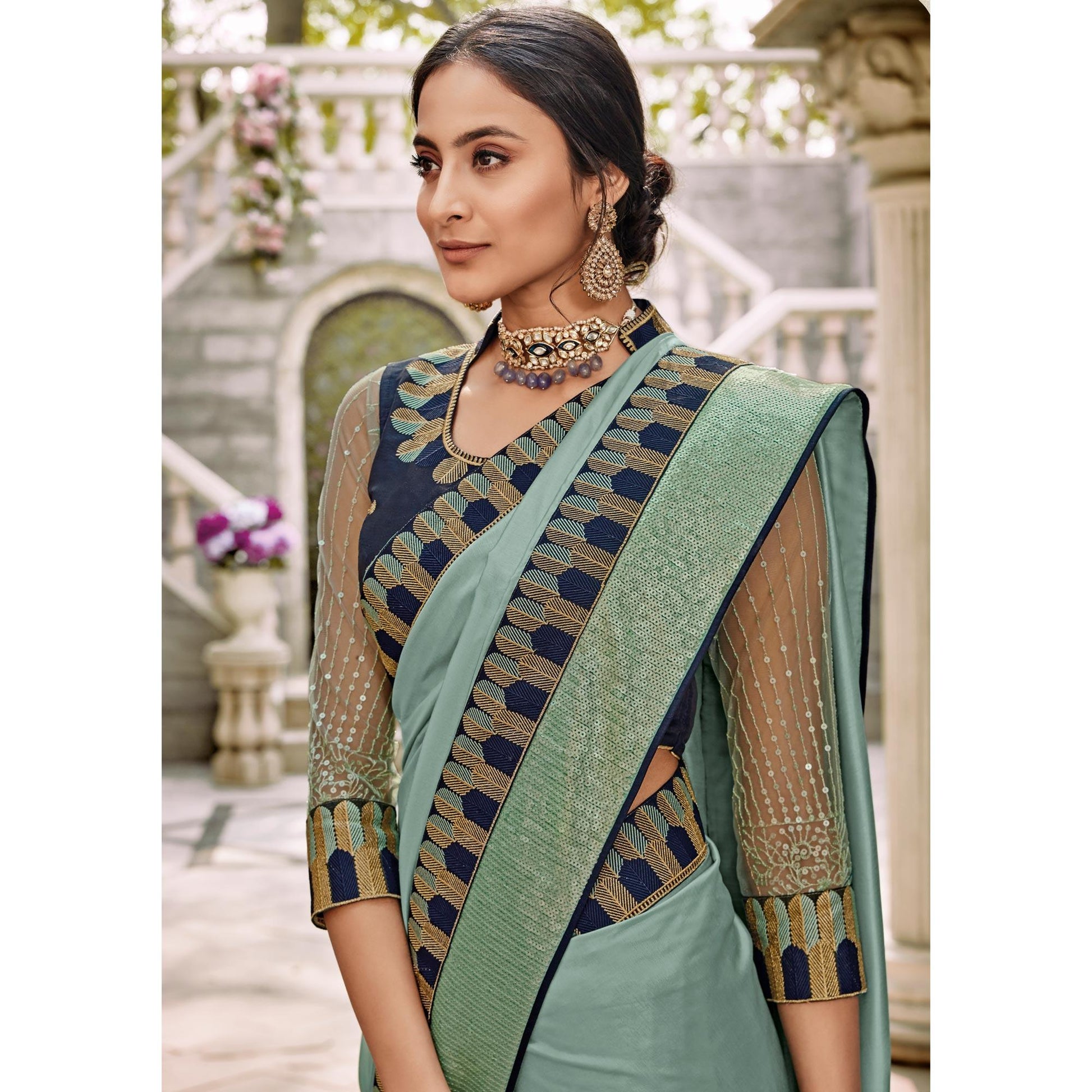 Light Blue Festive Wear Embroidered Art Silk Saree