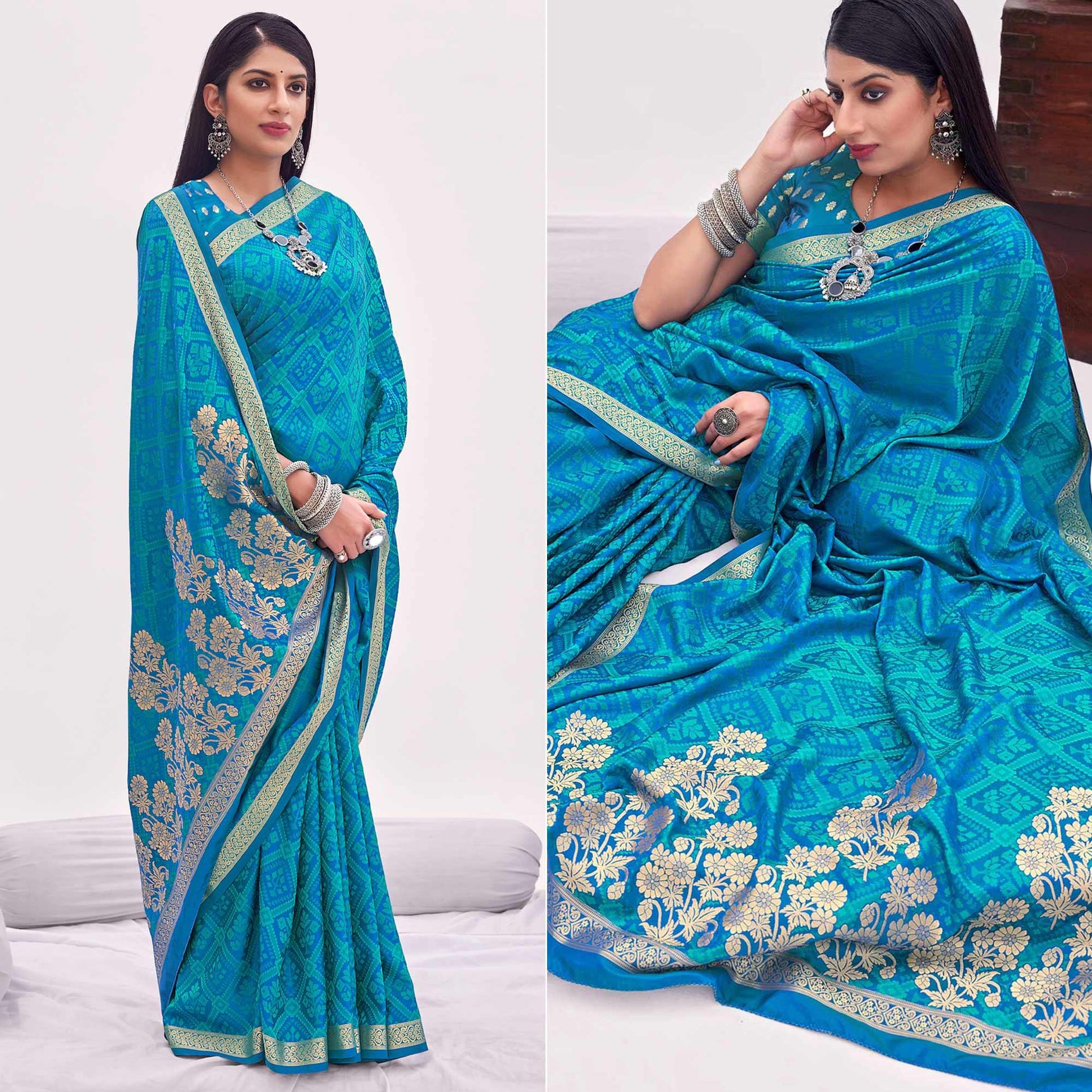 Light Blue Festive Wear Floral Woven Silk Saree