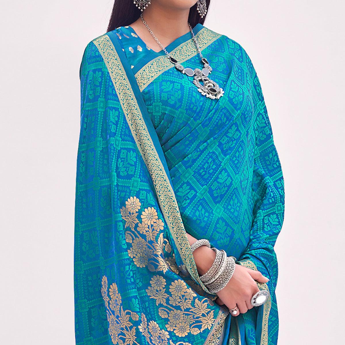 Light Blue Festive Wear Floral Woven Silk Saree
