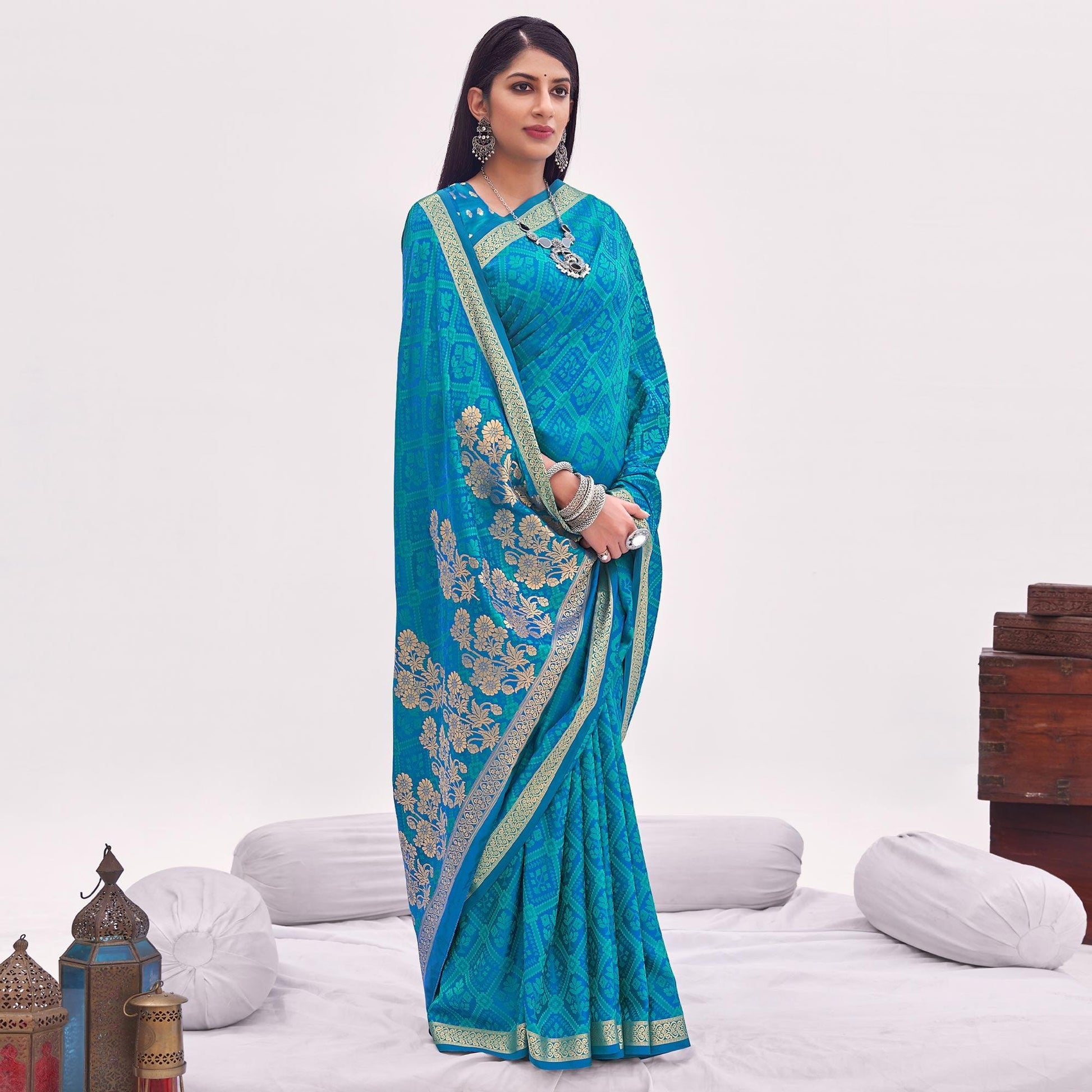 Light Blue Festive Wear Floral Woven Silk Saree