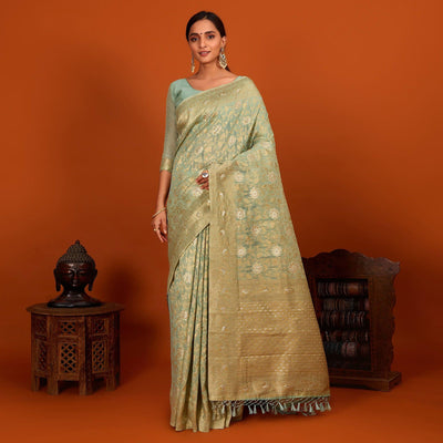 Light Blue Festive Wear Woven Cotton Saree With Tassels