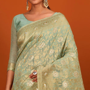 Light Blue Festive Wear Woven Cotton Saree With Tassels