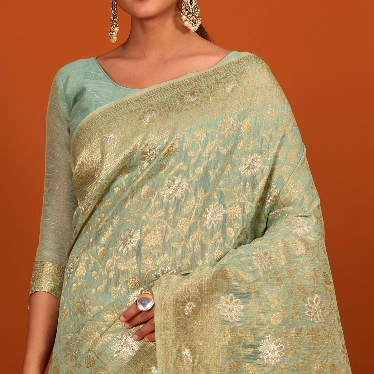 Light Blue Festive Wear Woven Cotton Saree With Tassels