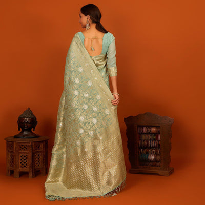 Light Blue Festive Wear Woven Cotton Saree With Tassels