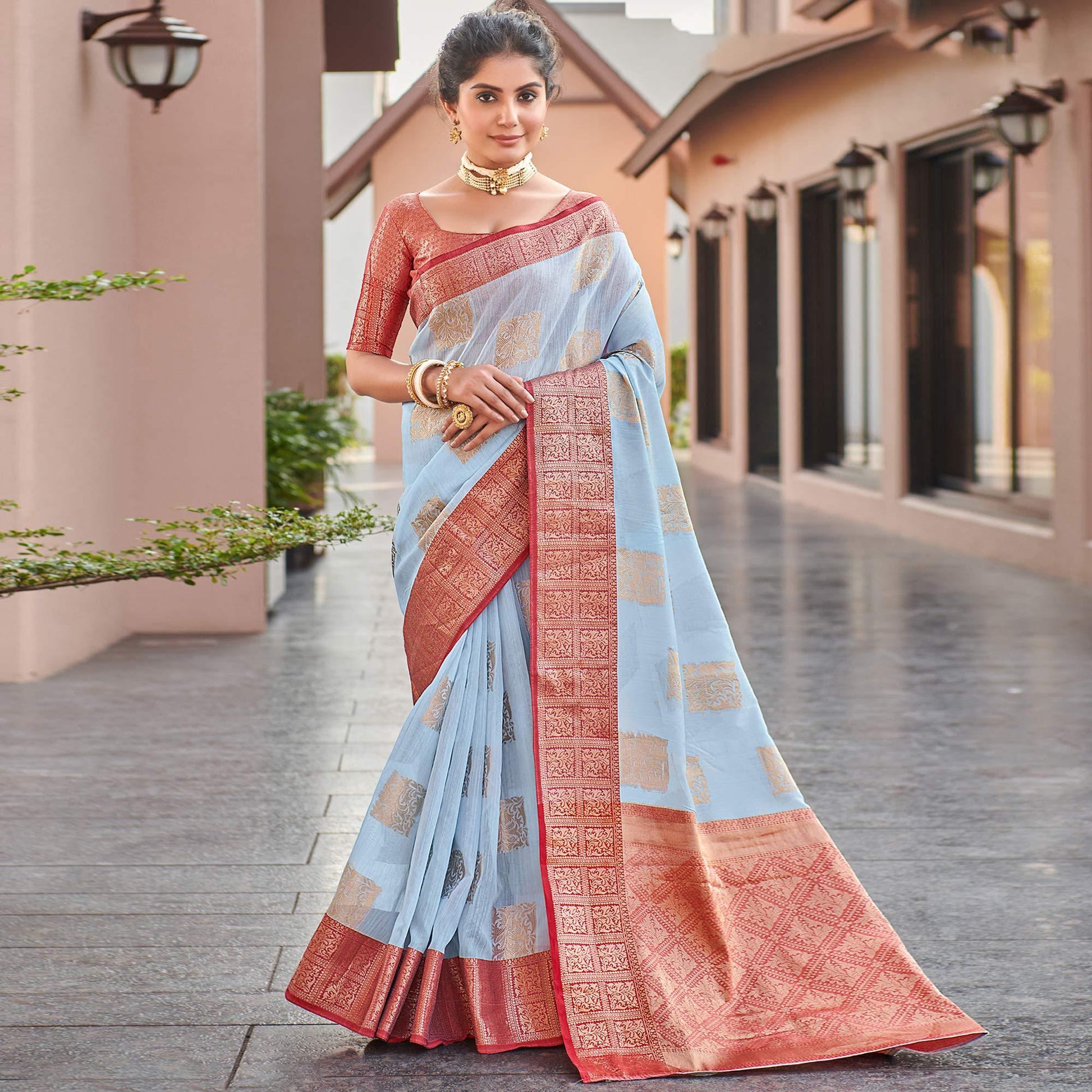 Light Blue Festive Wear Woven Linen Saree