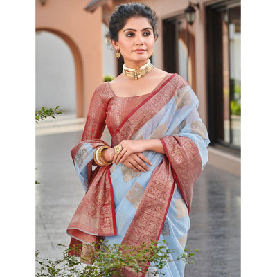 Light Blue Festive Wear Woven Linen Saree