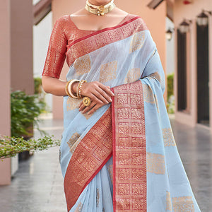 Light Blue Festive Wear Woven Linen Saree