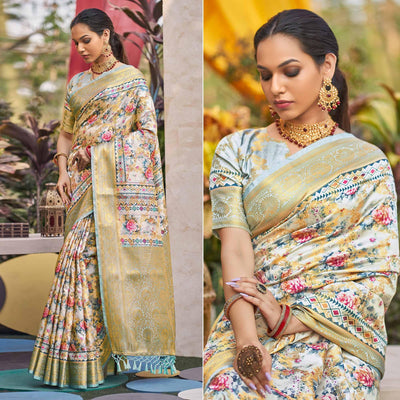 Light Blue Floral Digital Printed Pure Silk Saree