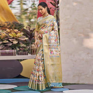 Light Blue Floral Digital Printed Pure Silk Saree