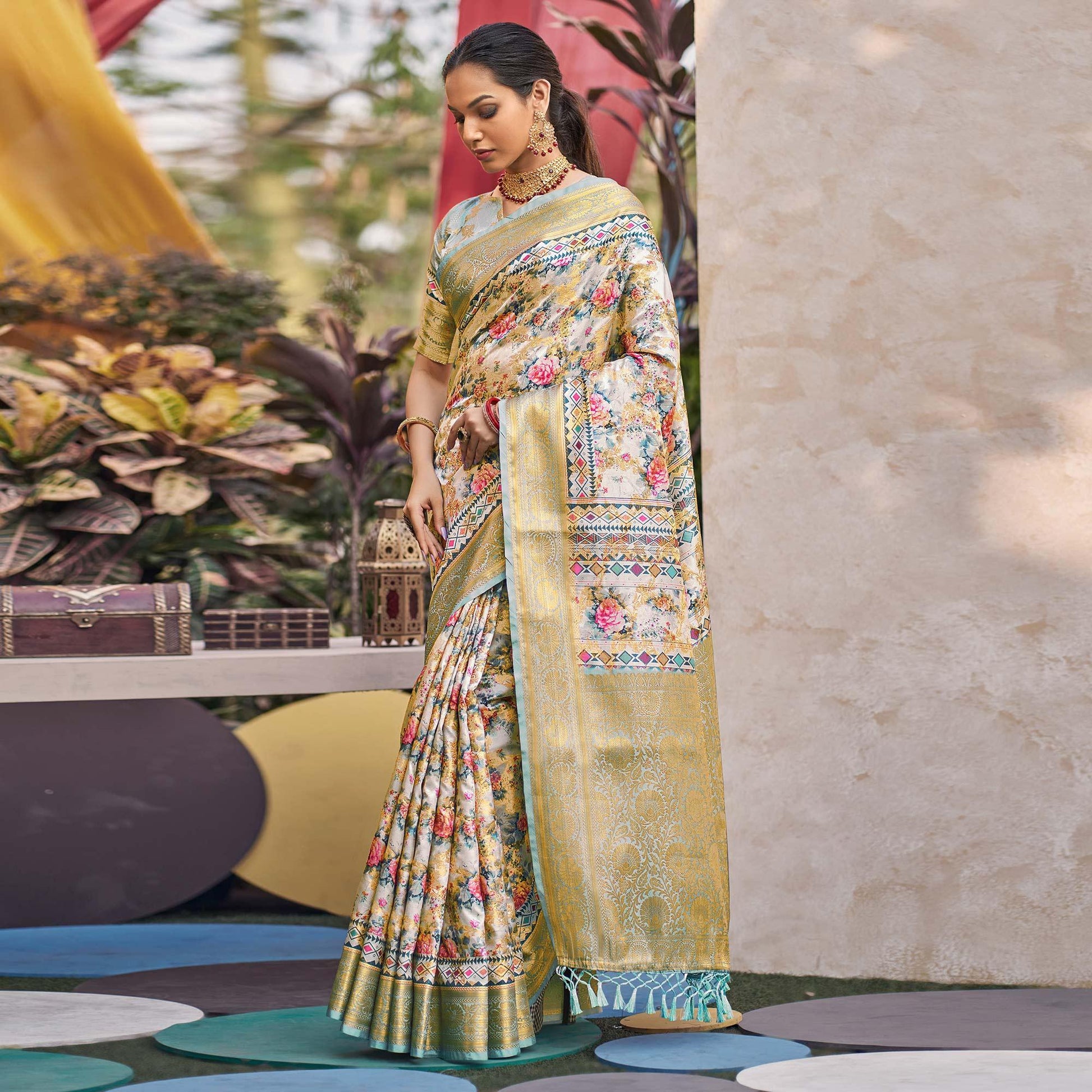 Light Blue Floral Digital Printed Pure Silk Saree