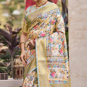 Light Blue Floral Digital Printed Pure Silk Saree