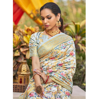 Light Blue Floral Digital Printed Pure Silk Saree