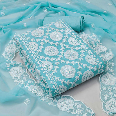 Light Blue Floral Embroidered Georgette Dress Material