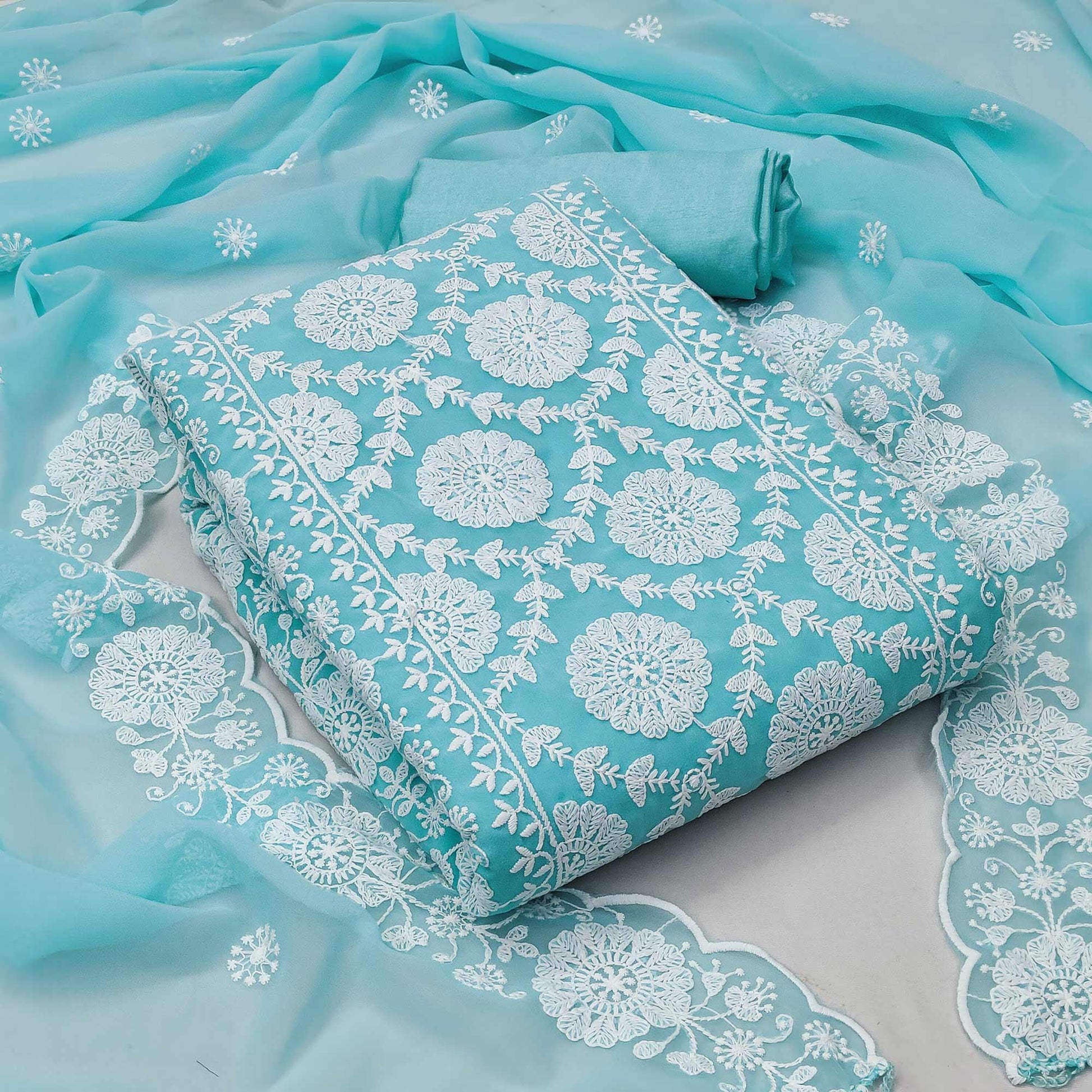 Light Blue Floral Embroidered Georgette Dress Material