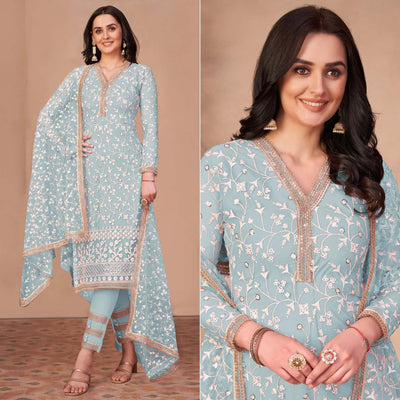 Light Blue Floral Embroidered Netted Suit