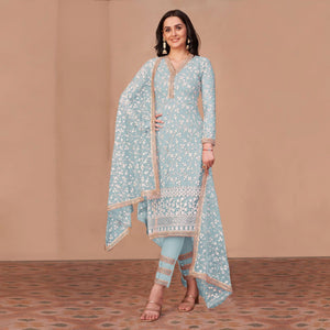 Light Blue Floral Embroidered Netted Suit
