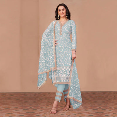 Light Blue Floral Embroidered Netted Suit