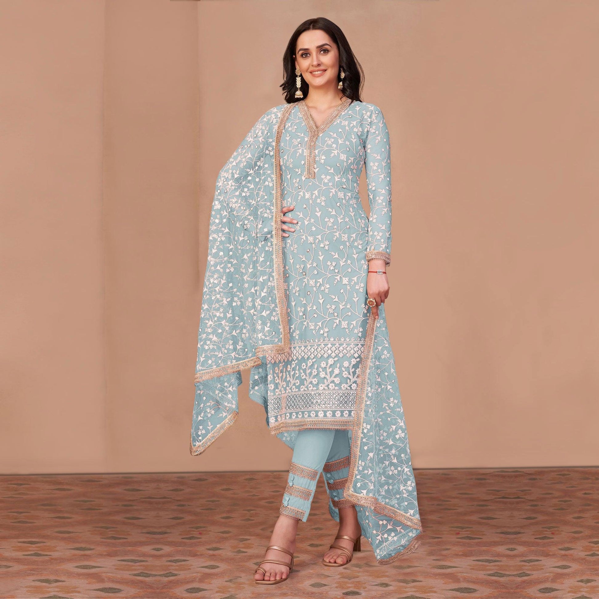 Light Blue Floral Embroidered Netted Suit
