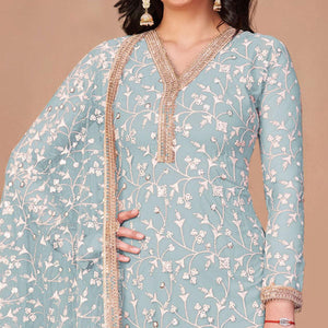 Light Blue Floral Embroidered Netted Suit