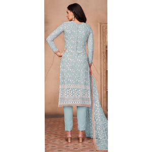 Light Blue Floral Embroidered Netted Suit