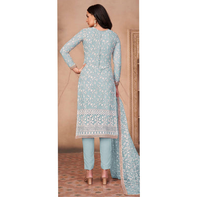 Light Blue Floral Embroidered Netted Suit