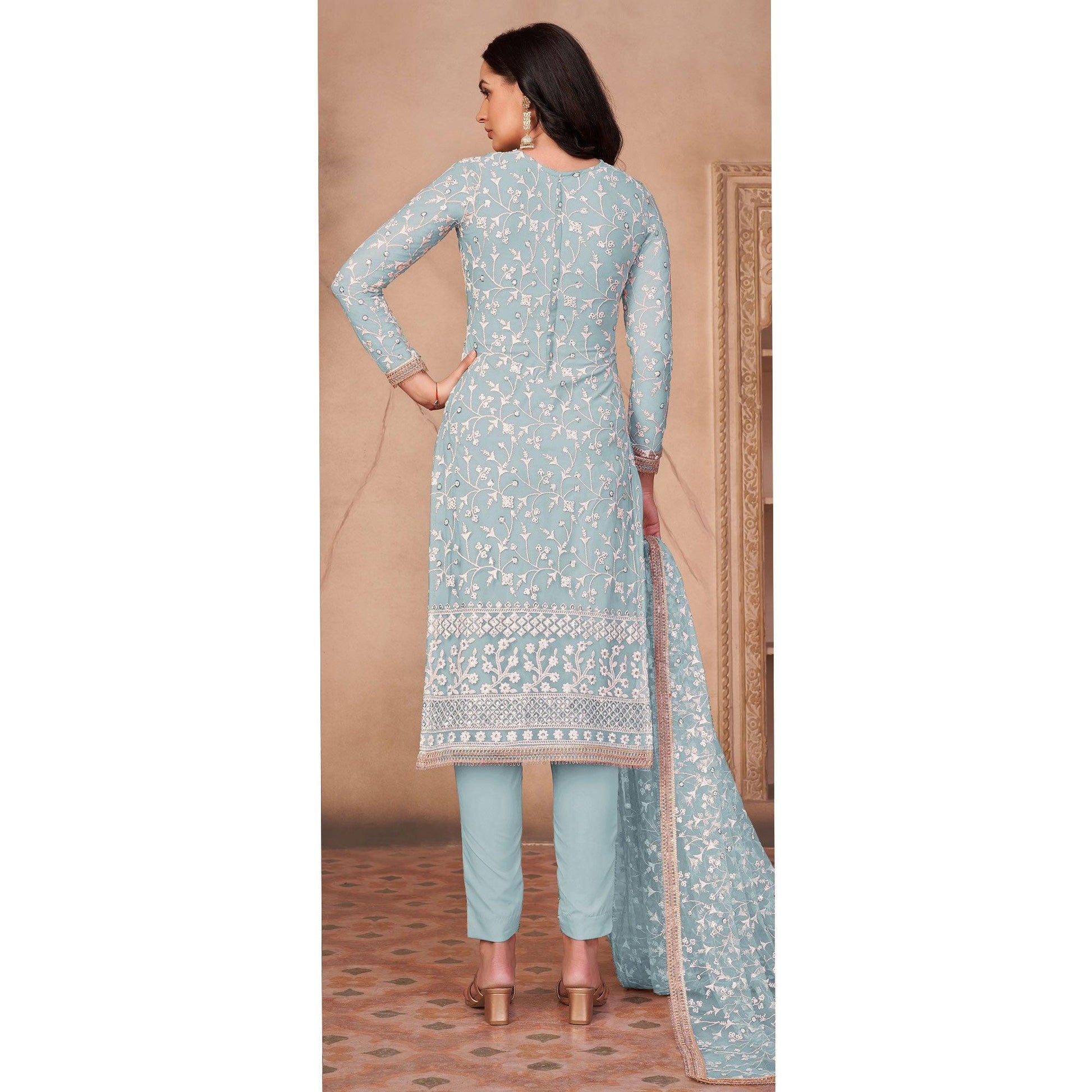 Light Blue Floral Embroidered Netted Suit