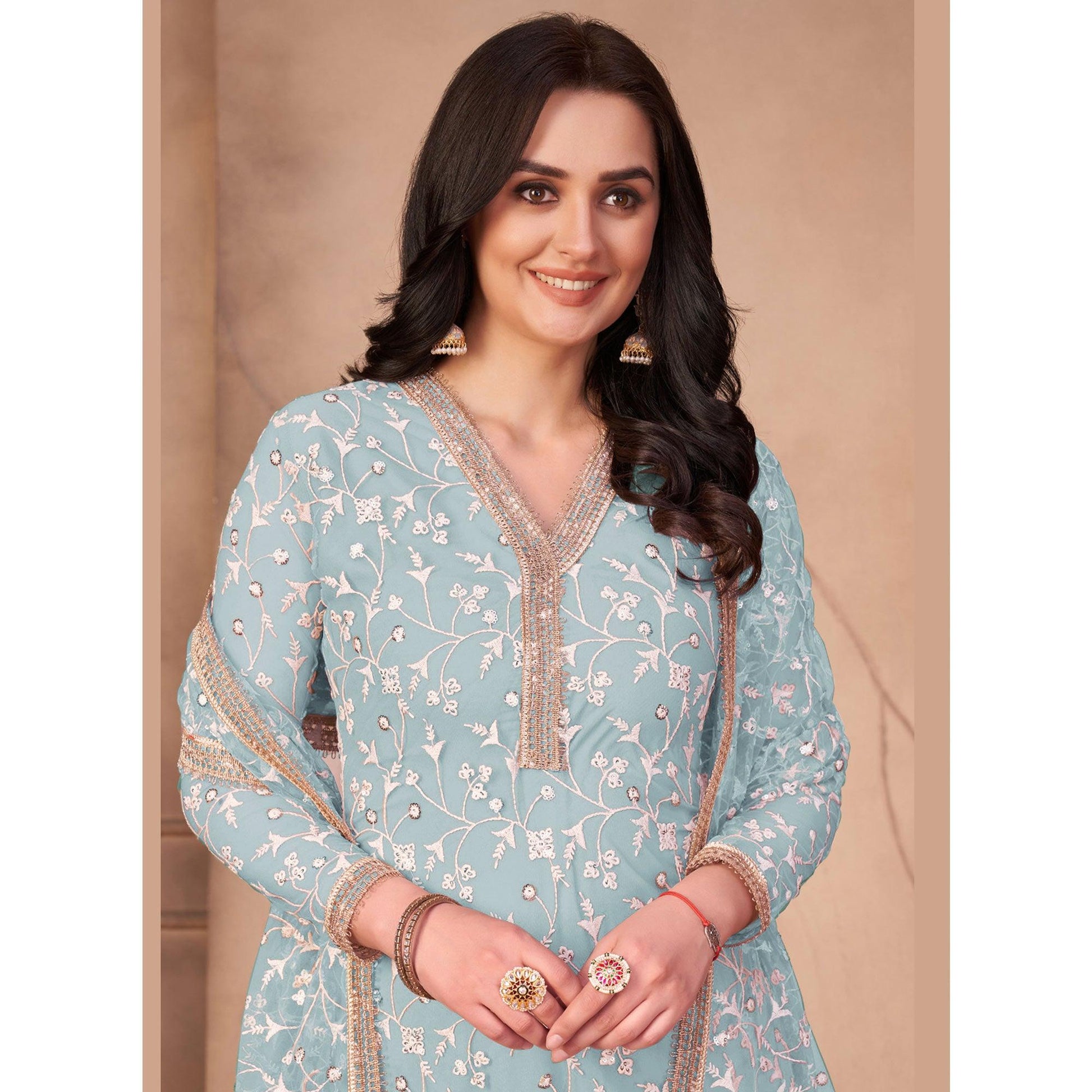 Light Blue Floral Embroidered Netted Suit