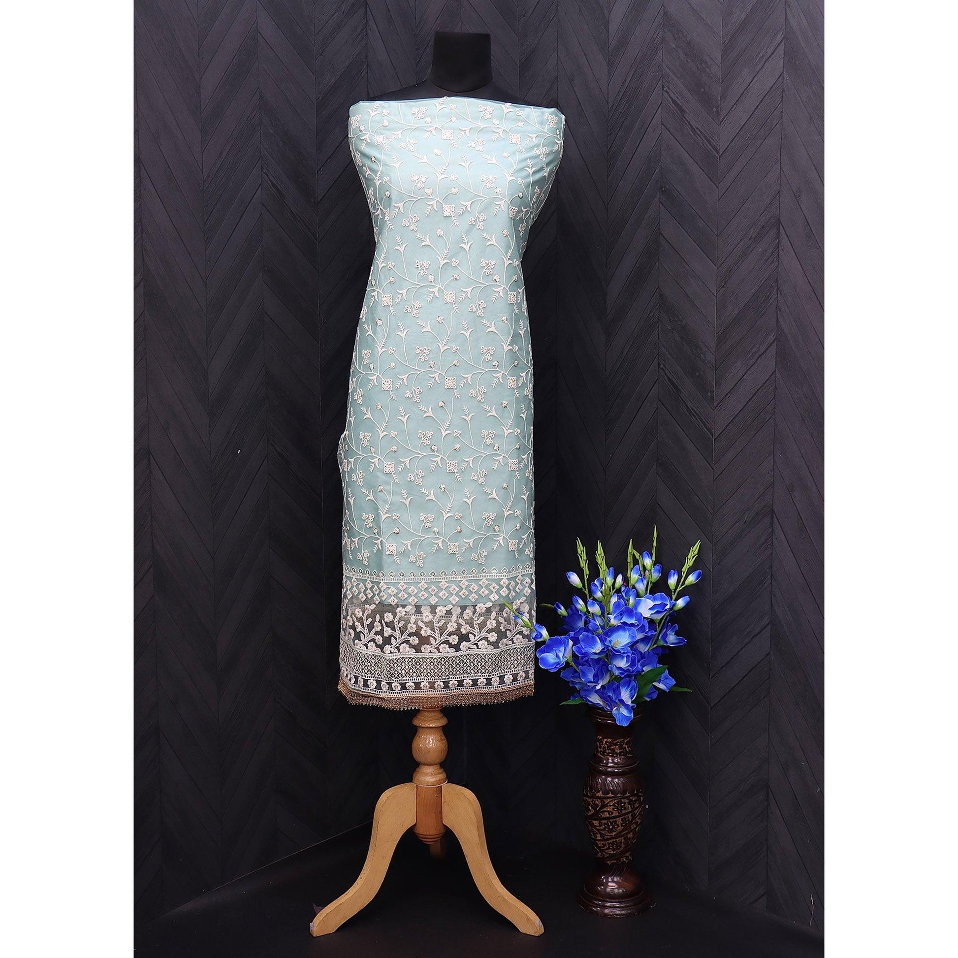 Light Blue Floral Embroidered Netted Suit