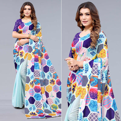 Light Blue Floral Printed Chiffon Half and Half Saree