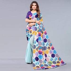 Light Blue Floral Printed Chiffon Half and Half Saree