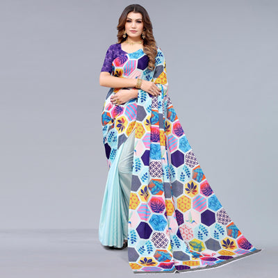 Light Blue Floral Printed Chiffon Half and Half Saree