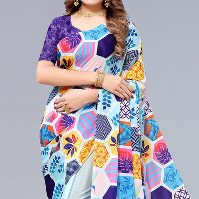 Light Blue Floral Printed Chiffon Half and Half Saree