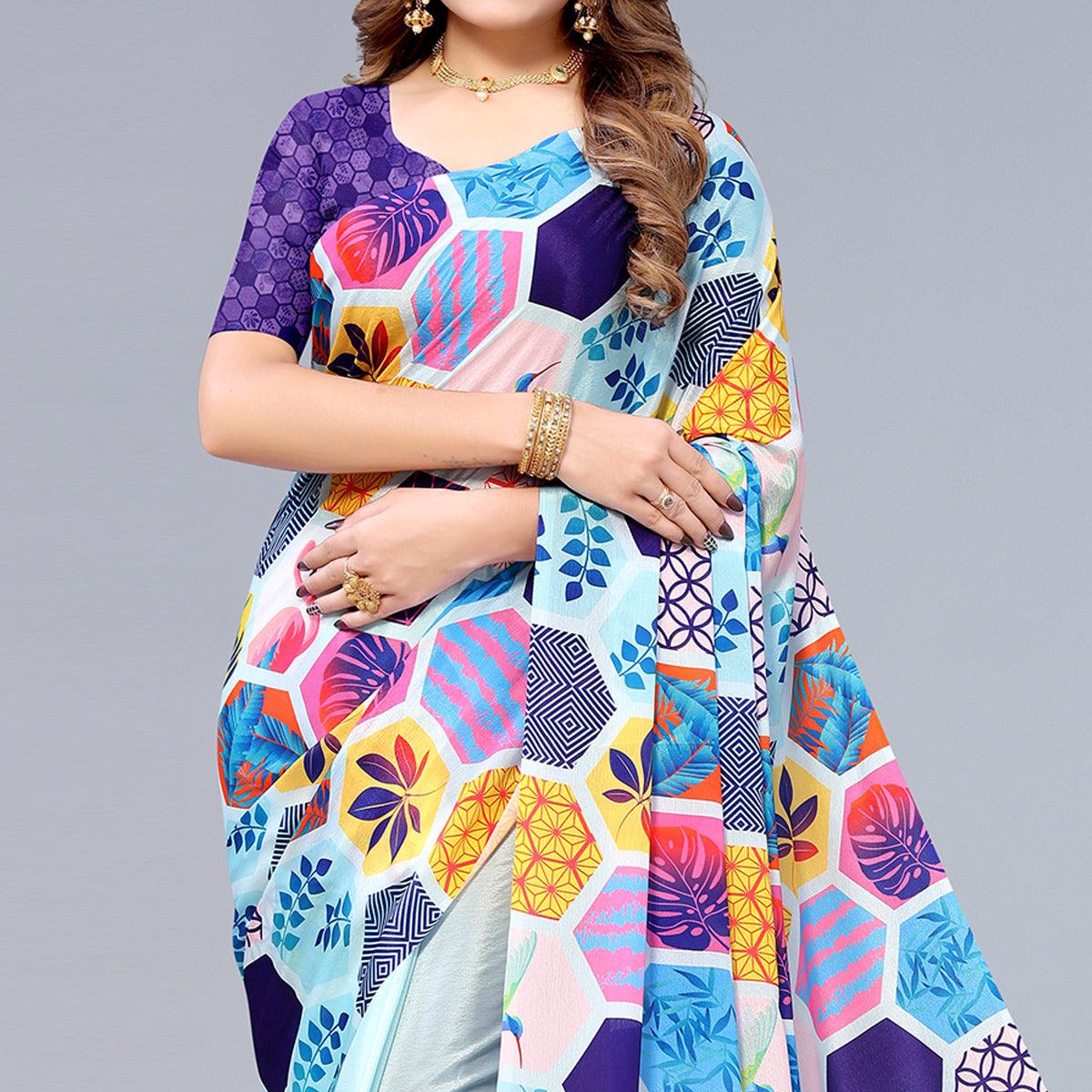 Light Blue Floral Printed Chiffon Half and Half Saree